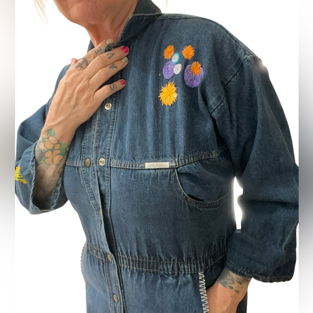 Hand embroidered Dreams custom Blue Denim Mechanic Jumpsuit Coveralls - Picture 7 of 12